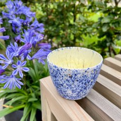 Bl� prikket og gul kop